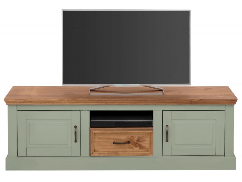 Rack com 1,60 metros com 1 gaveta 2 portas e nicho para sala de Tv na cor verde e cera / Coleção England